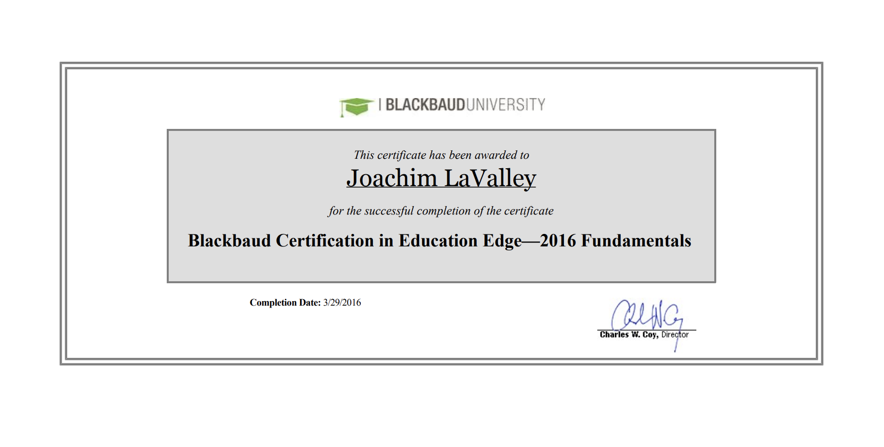 Blackbaud Certificates - Joachim LaValley